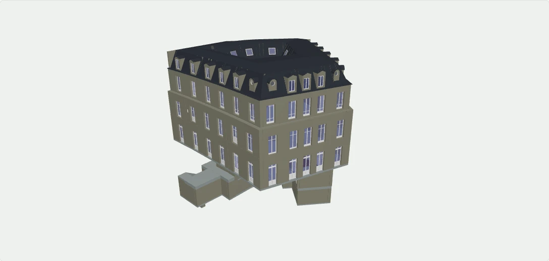 Maquette BIM RTGEO anonymisée : façades détaillées, fenêtres et toiture en couleurs.