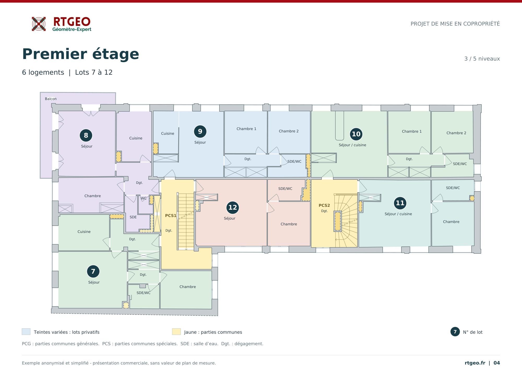 Extrait de plan RTGEO de mise en copropriété : lots privatifs en couleurs et parties communes en jaune.