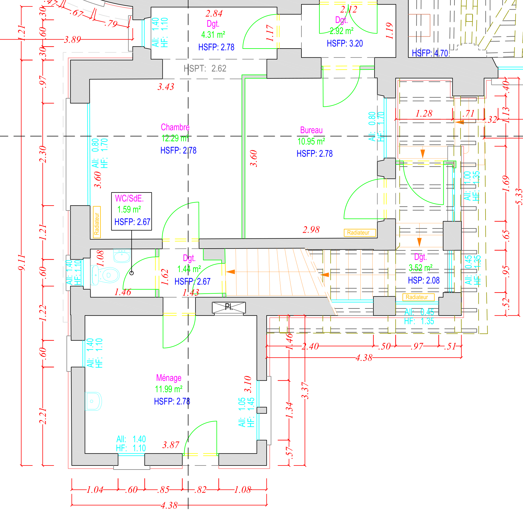 Extrait de plan intérieur RTGEO : chambre, bureau, sanitaires, circulation et local ménage, avec cotations.
